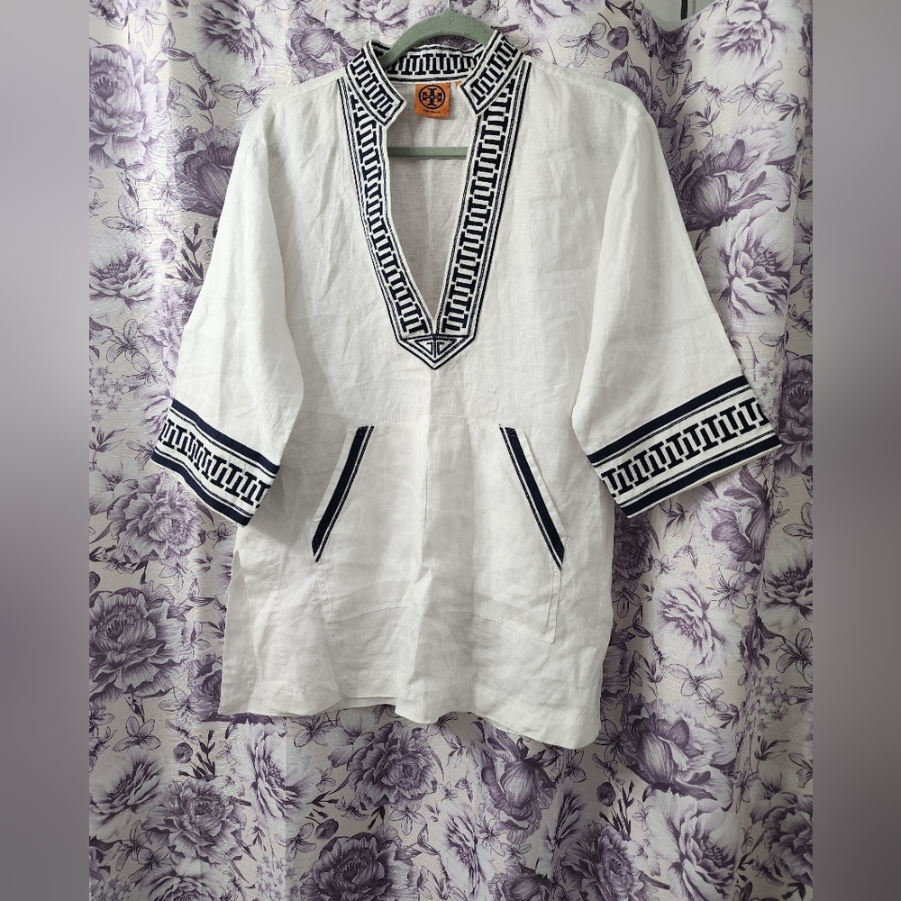 Tory Burch Tunic Womens Size Xs White Navy Blue‎ Embroidery